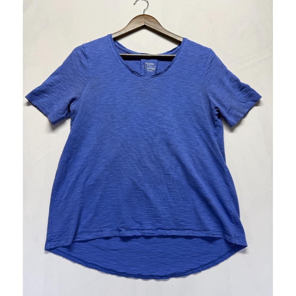 Chico's The Ultimate Tee Shirt Women Medium Royal Blue Pleated Hi Low Hem V Neck